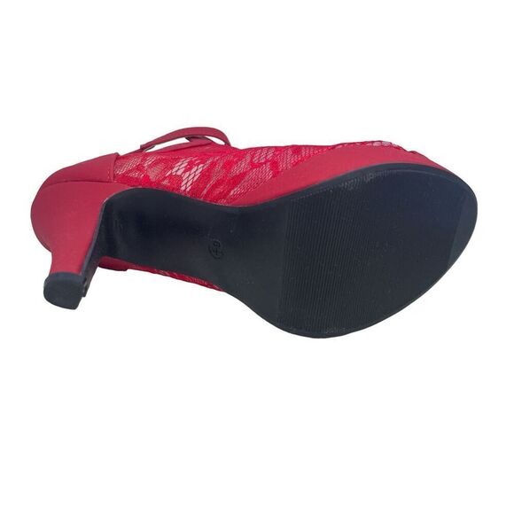 These Lov Mark Watermelon/Coral Pink Floral Lace Peep Toe Stilettos. . US Women - Picture 7 of 8